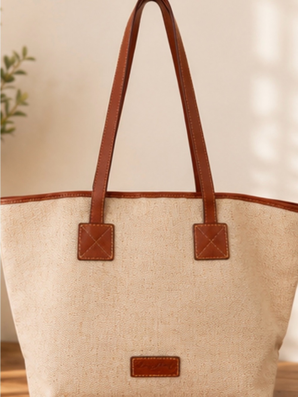 Dooney & Bourke Cream and Brown Women's Tote Bag with Leather Trim